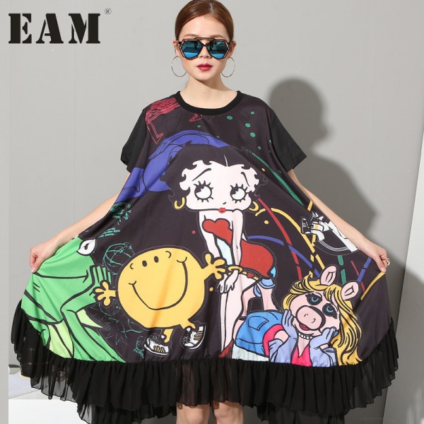 [EAM] 2017 plus size new fashionable girls cartoon printing large loose pendulum Black dress woman big size CS911