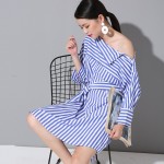 EAM 2017 summer vertical stripe long sleeve loose big yards blue shirt women dress fashion tide temperament 8L2115