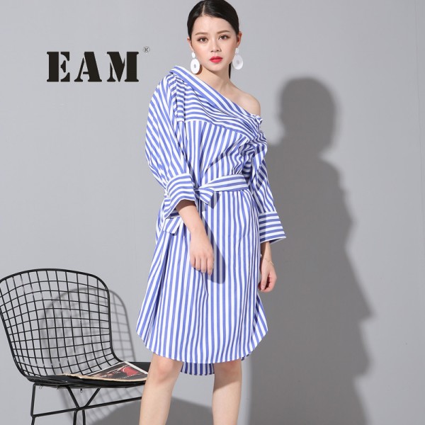 EAM 2017 summer vertical stripe long sleeve loose big yards blue shirt women dress fashion tide temperament 8L2115