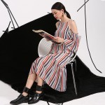 [EAM] 2017summer new Korean temperament loose short-sleeved striped strapless flounced harness colorful dress women tide AS11699