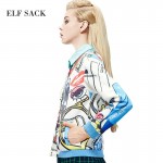 ELF SACK fashion brand new arrival 2017 spring women abstract character print loose short jacket single breasted free shipping