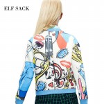 ELF SACK fashion brand new arrival 2017 spring women abstract character print loose short jacket single breasted free shipping