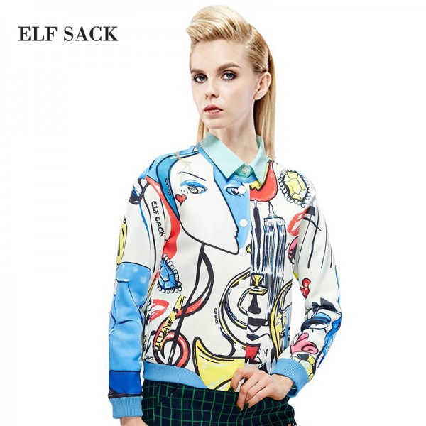 ELF SACK fashion brand new arrival 2017 spring women abstract character print loose short jacket single breasted free shipping