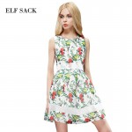 ELF SACK fashion brand new arrival 2017 summer women yarn patchwork flower pattern belt one-piece sleeveless dress free shipping