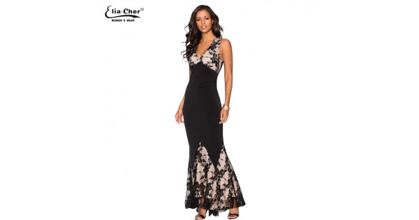 Eliacher Maxi Plus Size Women Floor Length Black White Autumn Lace