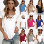 EMIR ROFFER 2017 Summer European Fashion Lace Up T Shirt Women Sexy V Neck Hollow Out Top Casual Basic Female T-shirt Plus Size