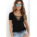 EMIR ROFFER 2017 Summer European Fashion Lace Up T Shirt Women Sexy V Neck Hollow Out Top Casual Basic Female T-shirt Plus Size