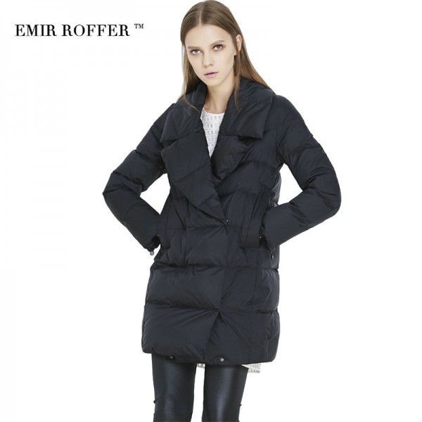 EMIR ROFFER Winter Women's down jacket Coat Female Turn Down Collar Solid Black Medium Long Parka Femme Outwear Large Size 