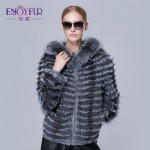 ENJOYFUR new winter fur jacket for women real silver fox fur strip coat with fur cap 2016 new sale high-end  real fur coat