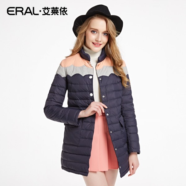 ERAL Women's Winter 2016 Stand Collar Block Wave Medium-long Down Coat Slim Casual Down Jacket ERAL16089-EDAA