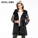 ERAL Women's Winter Slim Casual Hooded Adjustable Waist Vintage Patchwork Print Medium-long Down Jacket ERAL16061-EDAC