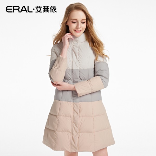 ERAL Women's Winter Stand Collar Contrast Striped Medium-long Down Coat Casual Brief Down Jacket ERAL16091-EDAB