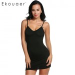 Ekouaer Women Sheath Dresses Elegant Spaghetti Strap Dresses Casual White Apricot Black V-Neck Sexy Mini Dress Clothes