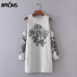 Elegant Black Floral Print Cotton Dress Women Casual 2017 Off Shoulder Knitted Sweatshirt Dresses Gray Short Dress Vestido 11067