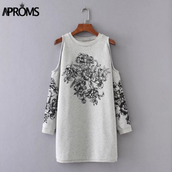 Elegant Black Floral Print Cotton Dress Women Casual 2017 Off Shoulder Knitted Sweatshirt Dresses Gray Short Dress Vestido 11067