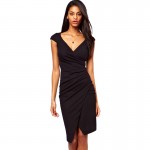 Elegant Charming Knee Length Cap Sleeve Women's Sexy V Neck Bodycon Club Wear Wrap Pencil Dress Casual Sheath Black Dresses G728