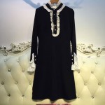 Elegant Dress 2016 Summer New Fashion Good Ruffled Collar Butterfly Sleeve Knee Length Black / White Dress