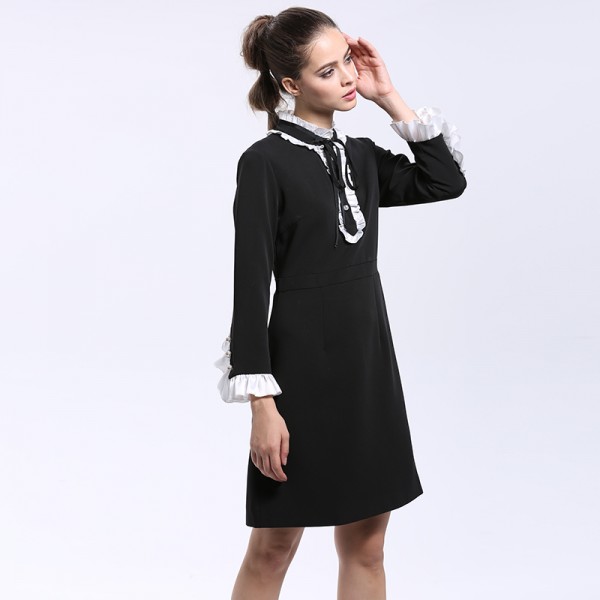 Elegant Dress 2016 Summer New Fashion Good Ruffled Collar Butterfly Sleeve Knee Length Black / White Dress