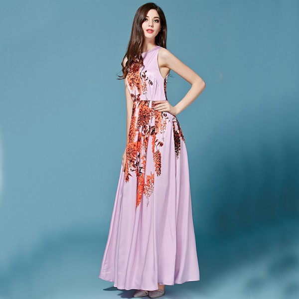 Elegant Dress 2016 Summer Women's High Quality New Fashion Daily Tree Branches Print Floor-Length Pink Sleeveless Long Dress