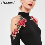 Elegant Embroidery Off Shoulder Black Dress Women Long Sleeve Halter Vestidos 2017 Short Robe Femme Casual Bodycon Dresses C66