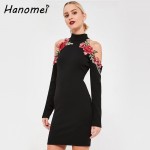 Elegant Embroidery Off Shoulder Black Dress Women Long Sleeve Halter Vestidos 2017 Short Robe Femme Casual Bodycon Dresses C66