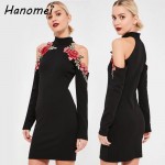 Elegant Embroidery Off Shoulder Black Dress Women Long Sleeve Halter Vestidos 2017 Short Robe Femme Casual Bodycon Dresses C66