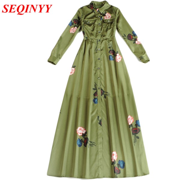 Elegant Green Long Dress Female Spring Summer 2017 Long Sleeve Pocket Turn Down Collsr Floral Rrint Fashion Latest Classic Dress