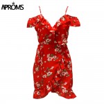 Elegant Off Shoulder Ruffle Floral Print Summer Dress Women High Waist Strap Beach Dress Boho Party Sexy Short Dresses Vestidos