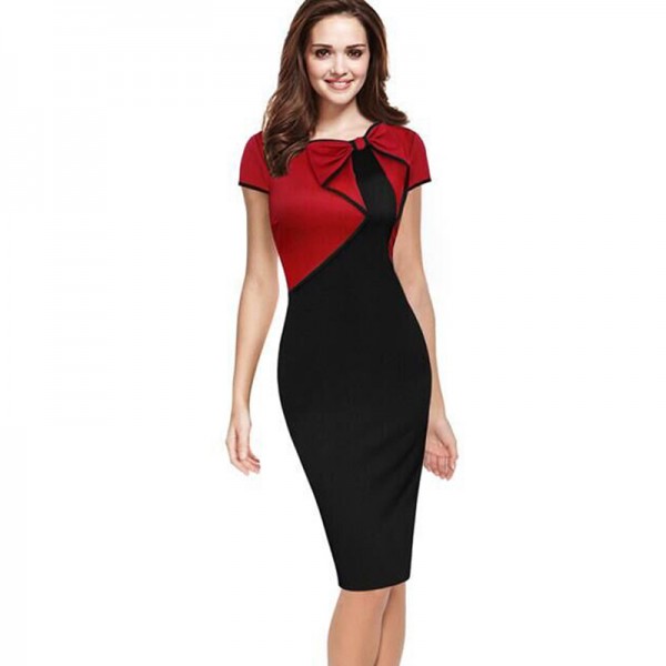 Elegant Women Bow Contrast Color Patchwork Sheath Bodycon Pencil Dress Knee-Length Wear to Work Business Dress Short Sleeve