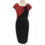 Elegant Women Bow Contrast Color Patchwork Sheath Bodycon Pencil Dress Knee-Length Wear to Work Business Dress Short Sleeve