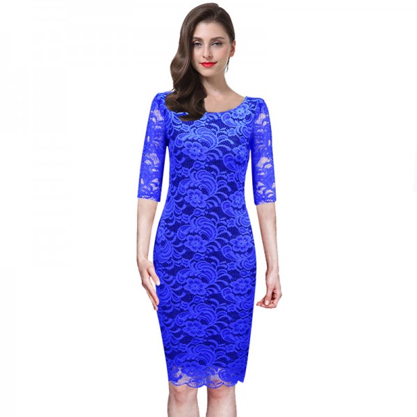 Elegant Women Evening Party Half Sleeve Full Lace Bodycon Pencil Dress Stretchy Knee-Length Sheath Casual Lace Dress New S-XXXL