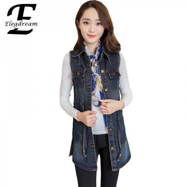 Elegdream 2017 Spring Summer Women New Fashion Vintage Sleeveless Denim Vest Female Jeans Jacket Slim Long Outerwear Thin Coats