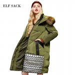 Elf SACK 2017 Winter vintage jacquard raccoon fur with a hood down coat female long design