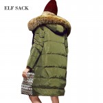 Elf SACK 2017 Winter vintage jacquard raccoon fur with a hood down coat female long design