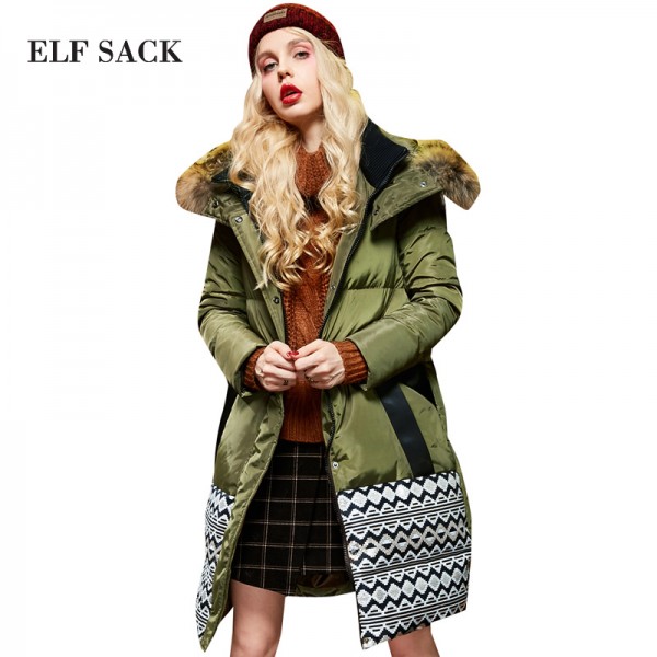 Elf SACK 2017 Winter vintage jacquard raccoon fur with a hood down coat female long design