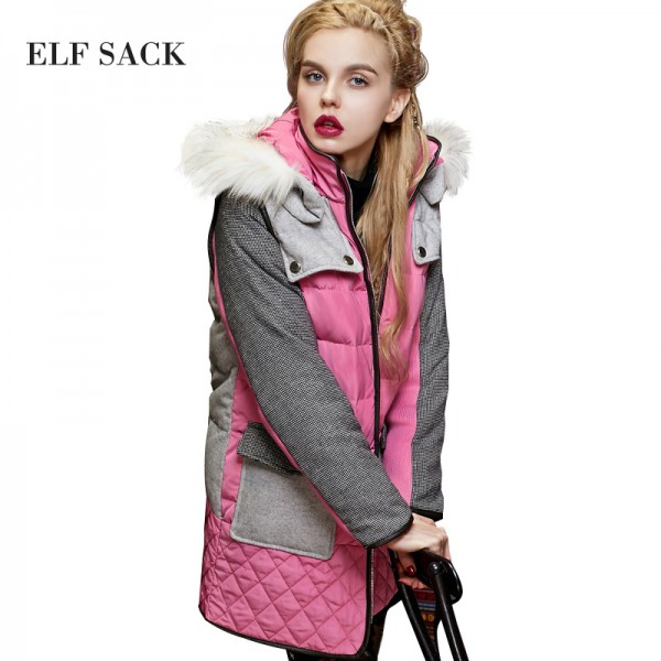 Elf SACK whisted winter female fashion long-sleeve all-match fashion fur collar color block down coat female long design