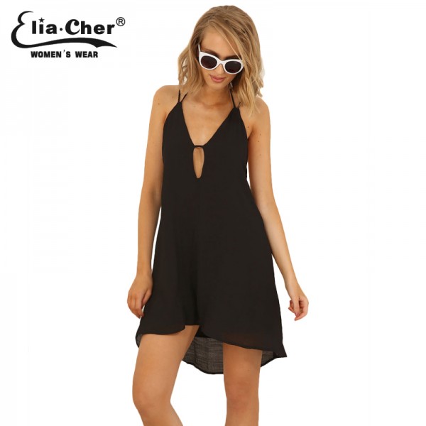 Elia cher Sexy Sleeveless Backless Beach Dresses Summer Chiffon Dress Women Brand Plus Size Causal Female Spaghetti Strap Camis