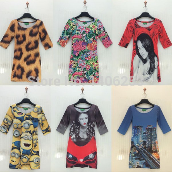 [Elmo] 2014 vestido verao women 3d Leopard/ emoji printed dress vestidos largos sexy vestido branco dresses