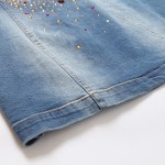 Embellished Denim Dress Short Sleeve Beaded Women Summer Dresses Party Blue