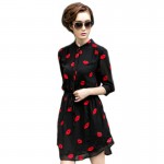 Embroided Dress Lips ChiffonThree Quarter Sleeve Stand Collar Adjustable Waist Casual Bodycon Ladies Shirt Dress Black Vestidos