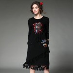 Embroidery Long Winter Dress Embellished Fringe Drawstring Waist Long Sleeve Sweatshirt Dresses Black Red Plus Size S-5XL