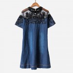 Embroidery Mesh Lace Denim Dress Patchwork Slim Women Short Sleeve Pure Color Thin A-line Jeans Dresses Plus Size S-4XL D67805