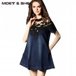 Embroidery Mesh Lace Denim Dress Patchwork Slim Women Short Sleeve Pure Color Thin A-line Jeans Dresses Plus Size S-4XL D67805