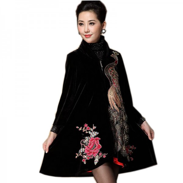 Embroidery Velvet Dress Women Peacock Velvet Cardigan Sequins Plus Size 6XL Clothing Woman Poncho Winter High Collar Dresses