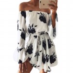 Ermonn Women Summer 2017 Beach Floral Boho Dress Loose Printing Sexy Off the Shoulder Flare Sleeve Empire Flash Neck Mini Dress