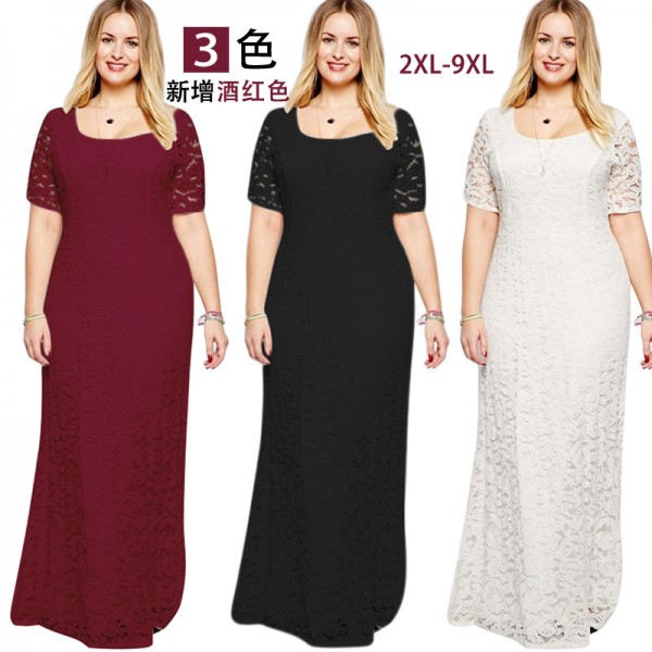 Explosion models fat sister large size women in Europe and America elegant evening banquet dress full lace short-sleeved dress