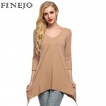 FINEJO Women Elegant Cotton t shirt V Neck 3/4 Sleeve Handkerchief Hem Line Lightweight Knitting Tunic Top T-shirt tees XXL