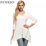 FINEJO Women Elegant Cotton t shirt V Neck 3/4 Sleeve Handkerchief Hem Line Lightweight Knitting Tunic Top T-shirt tees XXL