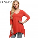 FINEJO Women Elegant Cotton t shirt V Neck 3/4 Sleeve Handkerchief Hem Line Lightweight Knitting Tunic Top T-shirt tees XXL