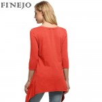 FINEJO Women Elegant Cotton t shirt V Neck 3/4 Sleeve Handkerchief Hem Line Lightweight Knitting Tunic Top T-shirt tees XXL